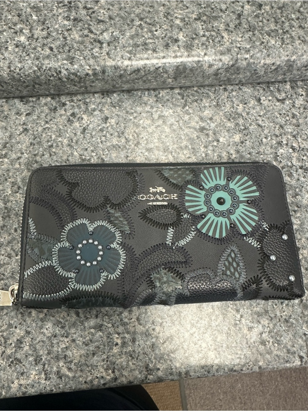 Coach Black Wallet with Teal Floral Appliqués